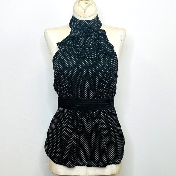 bebe Tops - BEBE Black & Gold Polka Dot Silk Ruffle Neck Halter Top